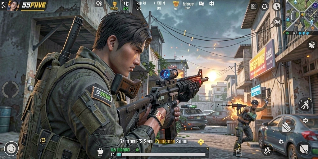 Screenshot gameplay <strong>55FIVE</strong> dengan aksi menegangkan di medan perang.