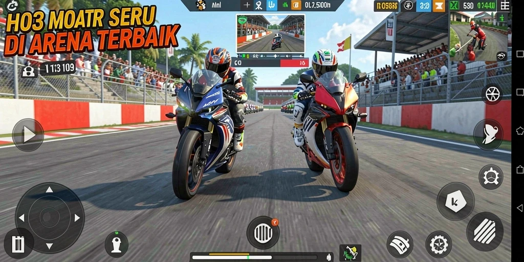 Screenshot dari gameplay H03 menampilkan aksi balapan motor yang mendebarkan.