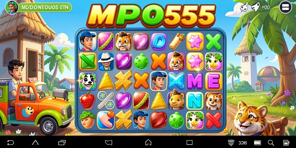Screenshot permainan MPO555 yang menunjukkan aksi mencocokkan objek Match-3.