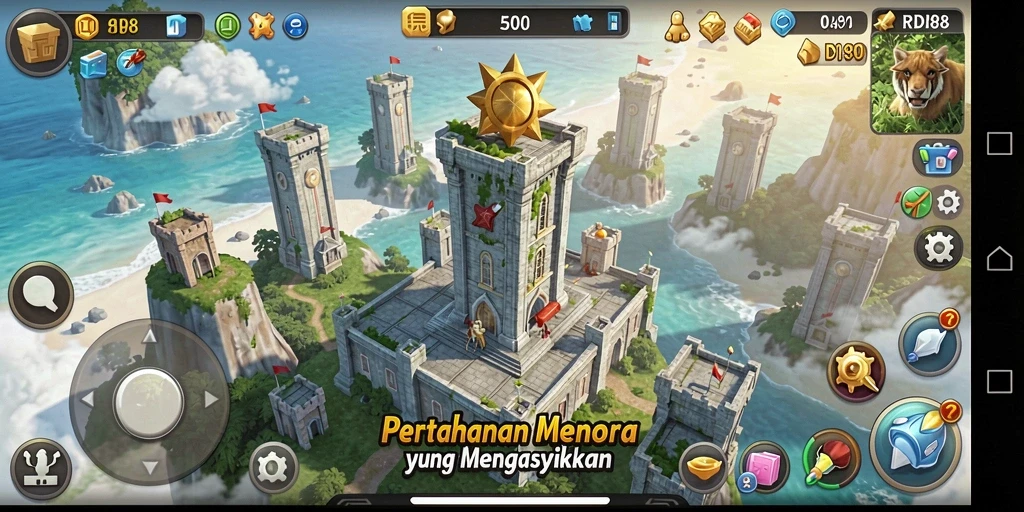 Tampilan screenshot RDI88 yang menampilkan aksi pertahanan menara