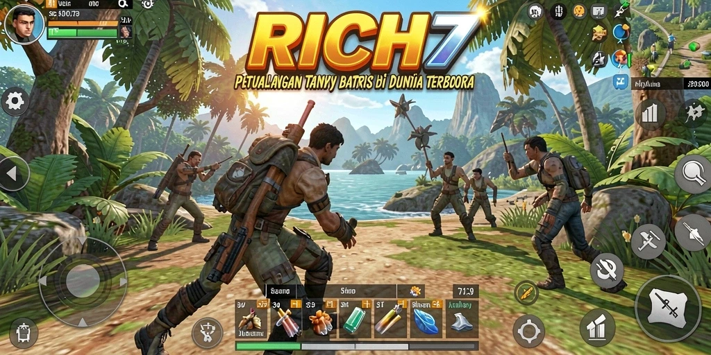 Screenshot gameplay RICH7 dengan pemandangan luas dunia terbuka.