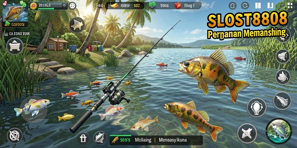 Tampilan gameplay menakjubkan di SLOST8808 dengan aktivitas memancing yang seru.