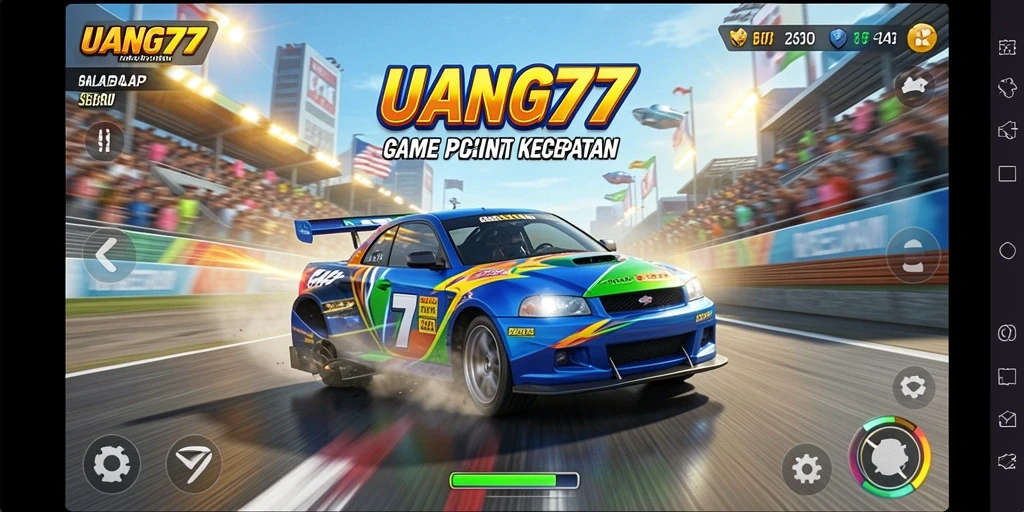Gameplay UANG77 dengan kendaraan cepat di lintasan balap.