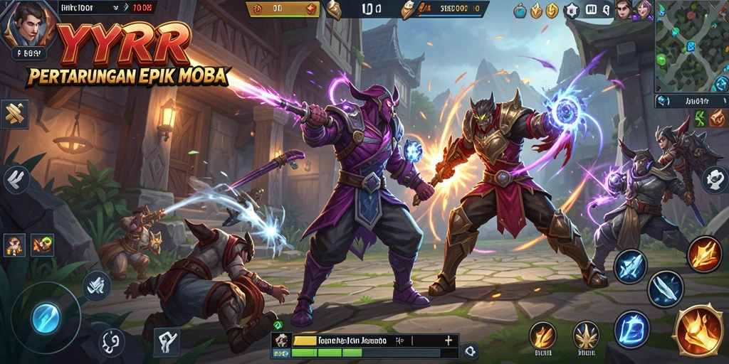 Screenshot menampilkan aksi intens dari gameplay MOBA yang mendebarkan.